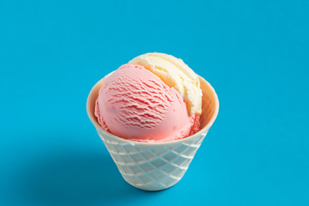 Strawberry ice cream in waffle cone on blue background.の写真素材