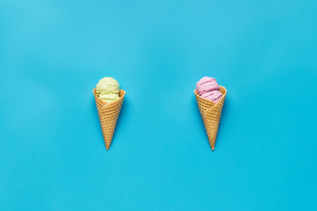 Colorful ice cream in waffle cones on blue background. Minimal summer concept.の写真素材