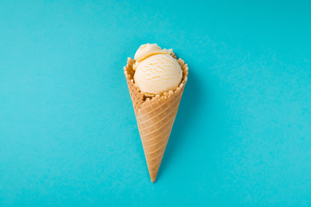 Vanilla ice cream in waffle cone on blue background, top view