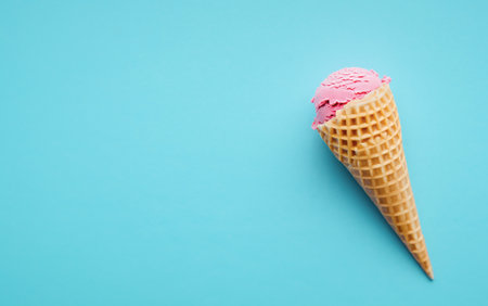 Pink ice cream in waffle cone on blue background. Summer concept