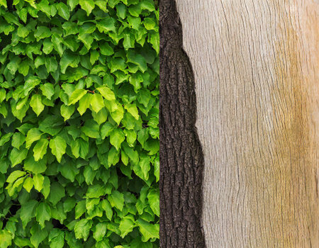 Green ivy on the bark of a tree as a background.