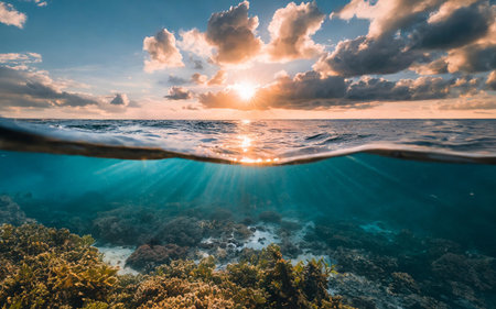 Underwater view of coral reef and sea water surface at sunset timeの写真素材
