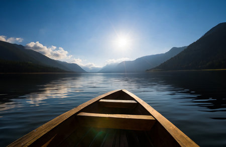 Wooden canoe on a lake at sunrise with mountains in the backgroundの写真素材