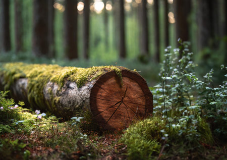 Wooden log in the forest with green moss and sunbeamsの写真素材