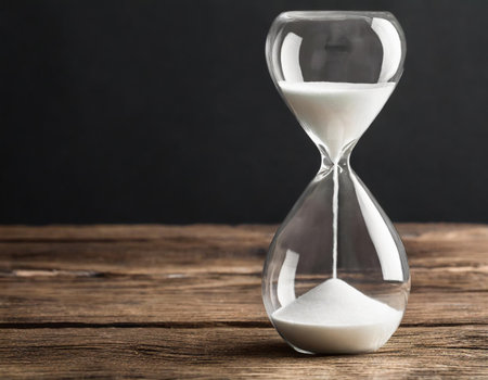 Hourglass on wooden table against dark background. Time management concept.