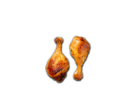 Grilled chicken legs isolated on white background. Top view, flat layの写真素材