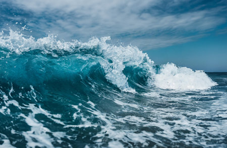 Blue ocean wave with splashes and foam on a cloudy day.