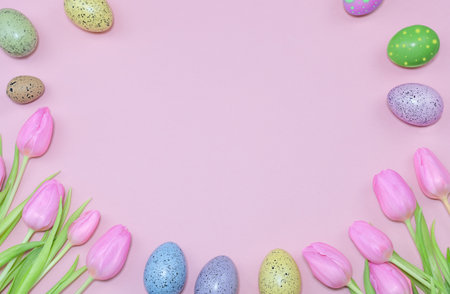 Easter Eggs and tulipsの写真素材