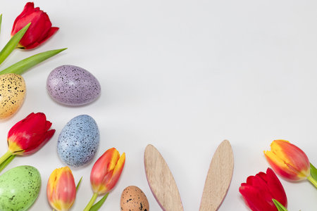 Tulips and Easter Eggs, bunny earsの写真素材