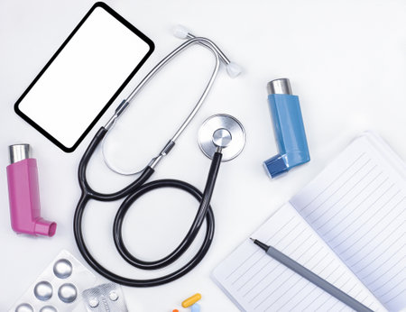Doctor's desk with Stethoscope and asthmatic deviceの写真素材