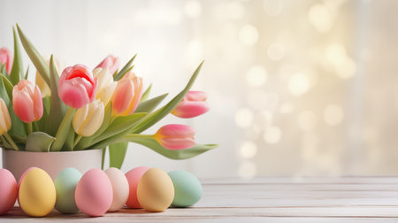 Easter background with colored eggs and tulip on a light wooden table.の素材