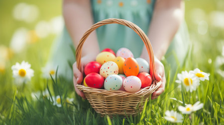 Happy Easter. Girl with Basket of Colorful Easter Eggsの素材