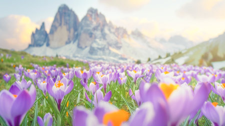 Crocuses in the Dolomites, Italy. Spring landscapeの素材