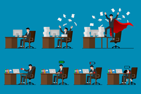 Set of  businessman character work in his office with seven different motion pose. Isolated on blue background. Flat vector design illustration.のイラスト素材
