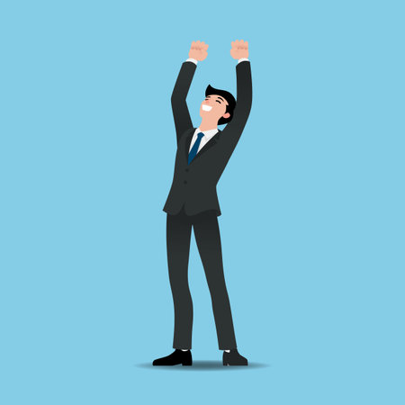Business man executives celebrate his successful, raising hands with clenched fists up over heads. Vector illustration flat design.のイラスト素材