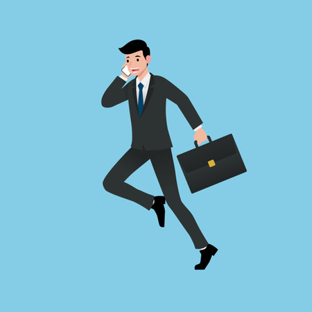 Businessmen smile and running while talking about work, presenting earnings, explaining products, discussing projects and selling or operating. Flat illustrator vector design.のイラスト素材
