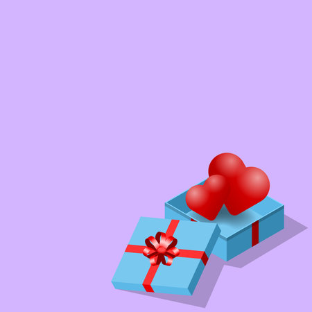 Isometric 3d hearts in a blue gift box, a lovely present for valentine's day theme on purple background.のイラスト素材