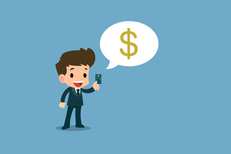 Happy businessman showing his platinum credit card, financial vector art design concept.のイラスト素材