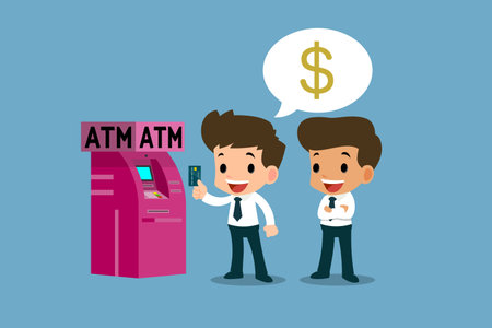 Businessman showing his platinum credit card in front of ATM machine, financial vector art design concept.のイラスト素材