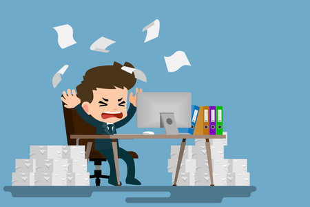 Businessman stress at the desk by a lot of work. Flat vector illustration design of employee character with stack of paper working very hard with the personal computer.のイラスト素材