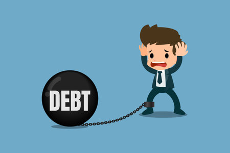 Stressed businessmen concern about debt. It's look like he chained with the debt metal ball and feel no way to escape or solution. Vector illustration design.のイラスト素材