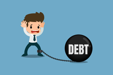 Stressed businessmen concern about debt. It's look like he chained with the debt metal ball and feel no way to escape or solution. Vector illustration design.のイラスト素材