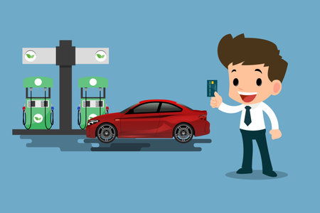 Happy businessmen use his credit card and refuel his car at a clean and eco-gas station. Vector illustration design.のイラスト素材