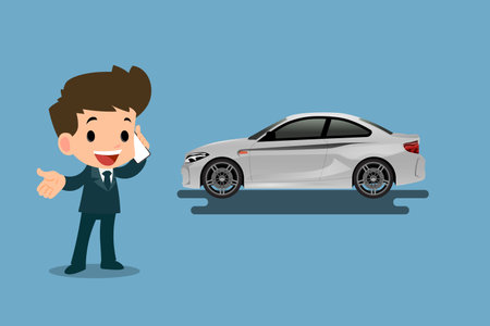 A calm businessman is calling to insurance company for help about his broken car parked on the roadside. Vector illustration design.のイラスト素材