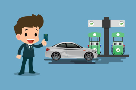 Happy businessmen use his credit card and refuel his car at a clean and eco-gas station.Vector illustration design.のイラスト素材