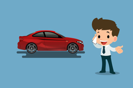 A calm businessman is calling to insurance company for help about his broken car parked on the roadside. Vector illustration design.のイラスト素材