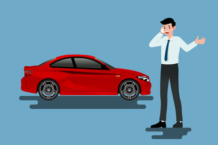 A calm businessman is calling to insurance company for help about his broken car parked on the roadside.Vector illustration design.のイラスト素材