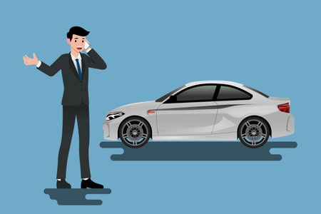 A calm businessman is calling to insurance company for help about his broken car parked on the roadside.Vector illustration design.のイラスト素材