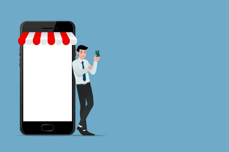 Happy businessman showing his platinum card beside of shop,  financial vector art design concept of worker and the large mobile phone, meaning that he can buy goods online by use his credits card.のイラスト素材