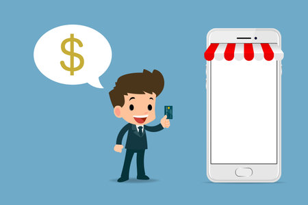 Happy businessman showing his platinum card beside of shop,  financial vector art design concept of worker and the large mobile phone, meaning that he can buy goods online by use his credits card.のイラスト素材