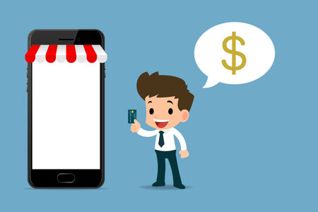 Happy businessman showing his platinum card beside of shop,  financial vector art design concept of worker and the large mobile phone, meaning that he can buy goods online by use his credits card.のイラスト素材