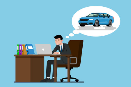 A businessman sitting and working seriously with his laptop. He thinking of the future that he want to have his own blue car, but he was tired with working so hard.のイラスト素材