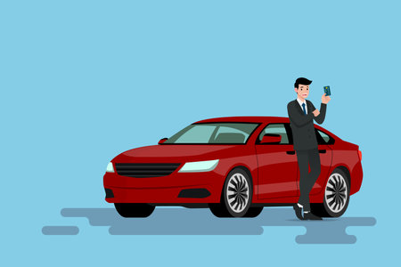 Happy businessman is leaning on his new car and showing his credit card that he use to bought the vehicle. Vector illustration design.のイラスト素材