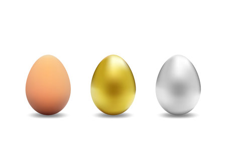Realistic animal or chicken egg, silver and gold isolated with shadows on white background.のイラスト素材