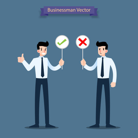 Businessman holding answer plates. Solution of yes or no. Office people standing and wait for vote.のイラスト素材