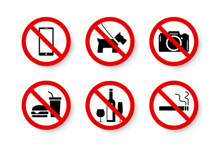 Prohibited set of isolated forbidden, not allowed, no signs. Black symbol of camera, pet, mobile, cell phone, food, hamburger, water, drink, wine, glass, cigarette vector illustration.のイラスト素材