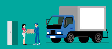 Smiling courier man giving a cardboard box to client. Happy woman receive a product from sender. Goods delivery service vector illustration design.のイラスト素材