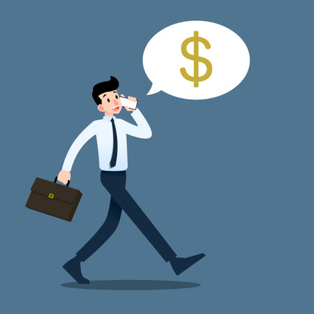 Businessman talking to mobile phone about profit and marketing during walking to work.のイラスト素材