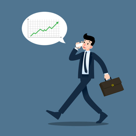 Businessman talking to mobile phone about profit and marketing during walking to work.のイラスト素材