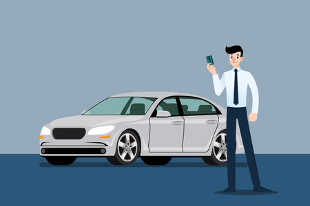 Happy businessman, seller stand and holding credit card in front of luxury car that parking in large showroom in the city.のイラスト素材