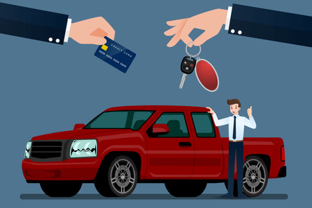 The car dealer's make an exchange, sale, rent between a car and the customer's credit card. Vector illustration design.のイラスト素材