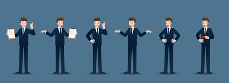Set of businessman in 6 different gestures. People in business character poses like waiting, communicate and successful. Vector illustration design.のイラスト素材