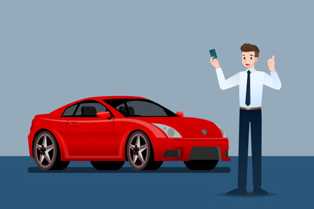 Happy businessman, seller stand and holding credit card in front of luxury car that parking in large showroom.のイラスト素材