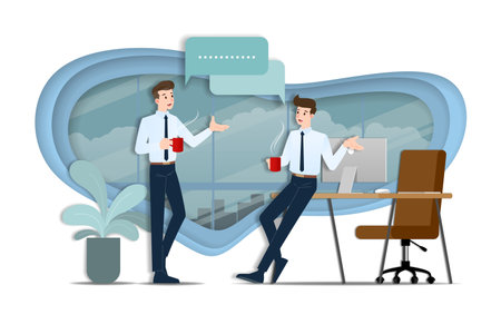 Two businessmen discussing each other. The employee talking with team about business ideas or about commercial organization during coffee time.のイラスト素材