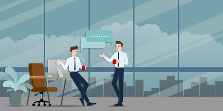 Two businessmen discussing each other. The employee talking with team about business ideas or about commercial organization during coffee time.のイラスト素材