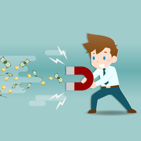 Businessman holding big magnets to get attract coins and banknotes. 
Business people making Investment, profit, income.のイラスト素材